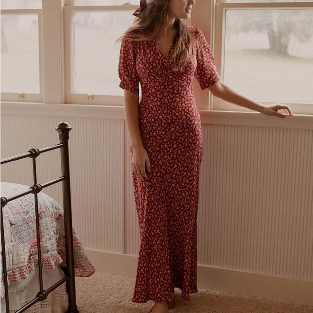 Christy Dawn Red Puff Sleeve V-Neck Maxi Dress